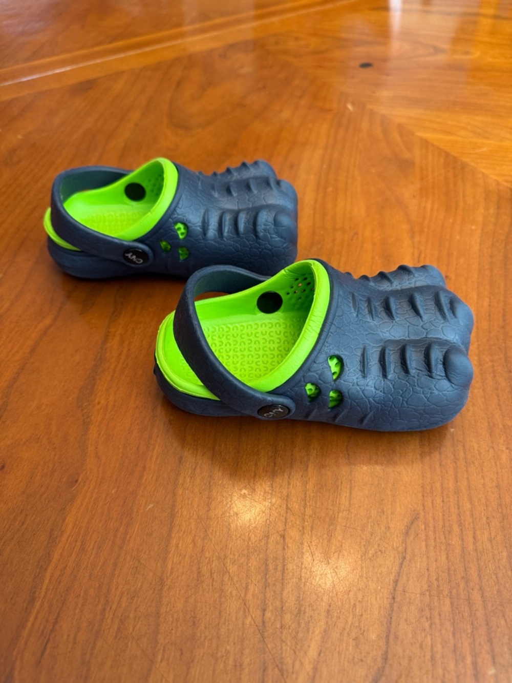 Kids Navy Blue and Neon Green Dinosaur Toes Clog Shoes - Picture 3 of 5